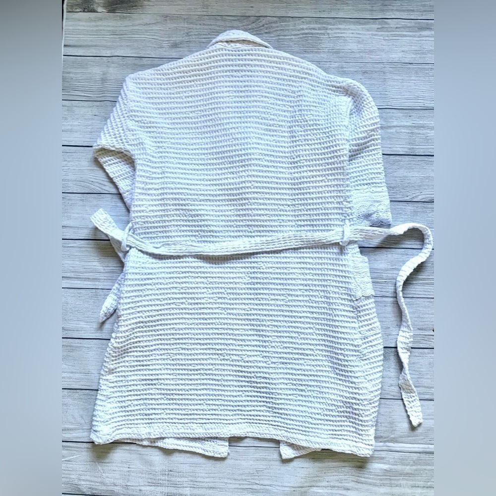 Women’s 100% Cotton White Waffle Knit Robe with Eyelet Accent Trim - Picture 12 of 15